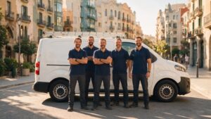 Equipo de DBS Elevación ante su furgoneta en una calle de Catalunya