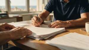 Firma de un acuerdo corporativo sobre la mesa, con un pueblo mediterráneo al fondo