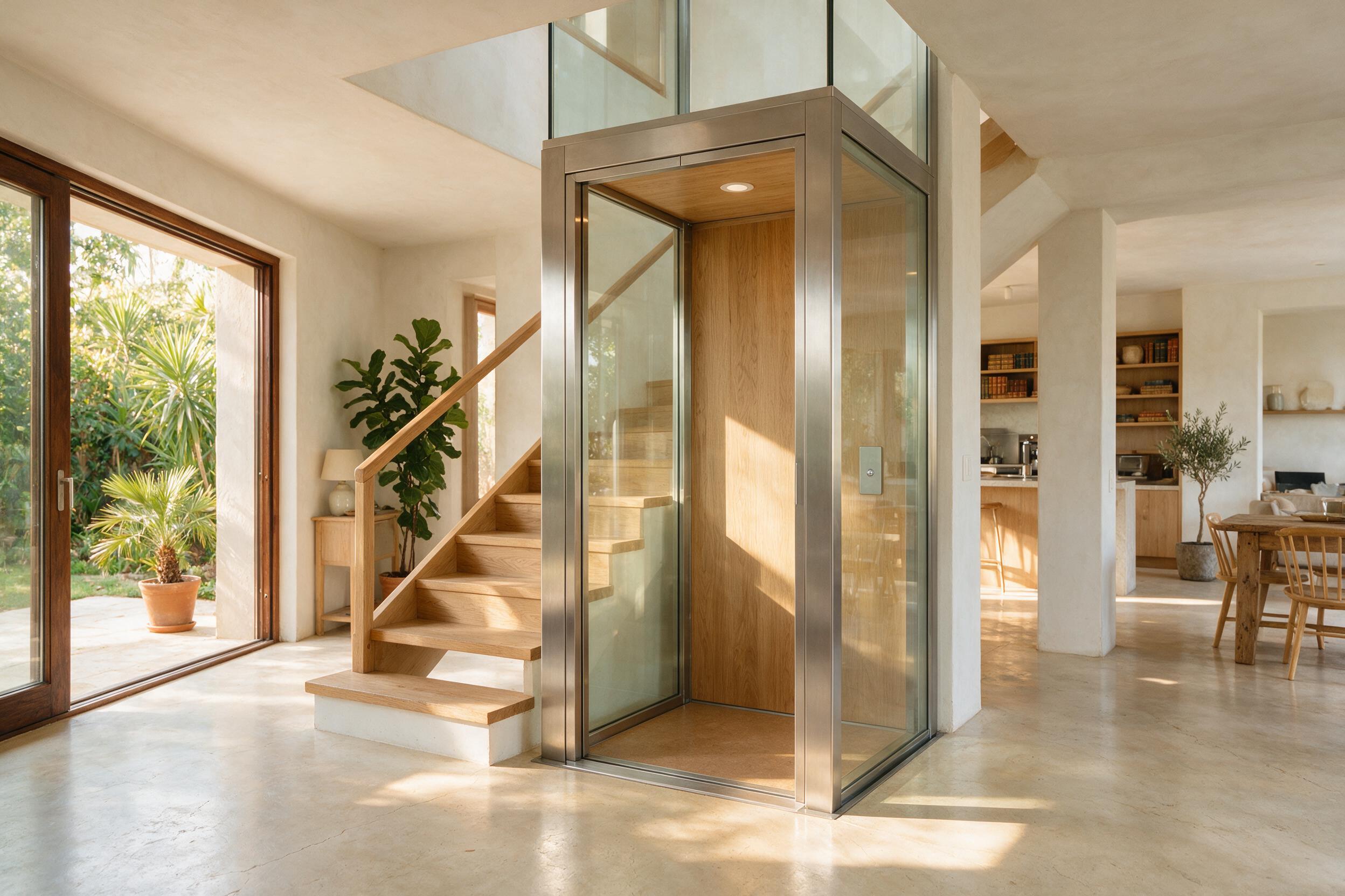 Ascensor doméstico moderno de vidrio integrado en una vivienda
