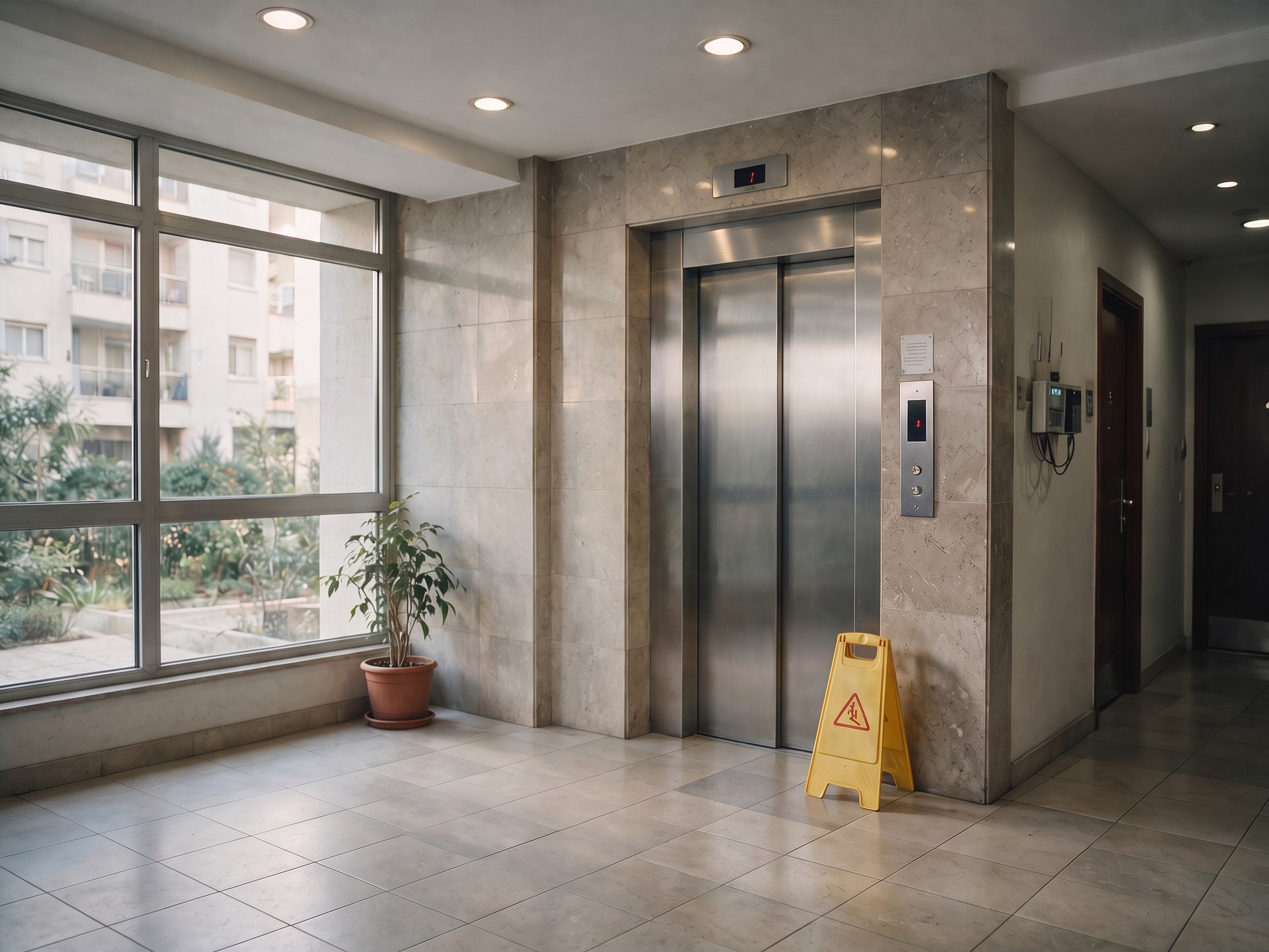 Ascensor en el vestíbulo de una finca, señalizado con un cartel de precaución