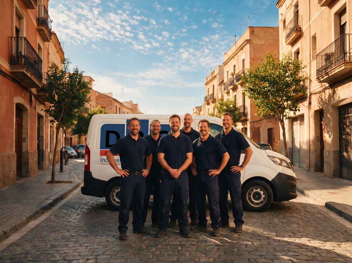 Equipo de DBS Elevación ante su furgoneta rotulada en una calle de Catalunya