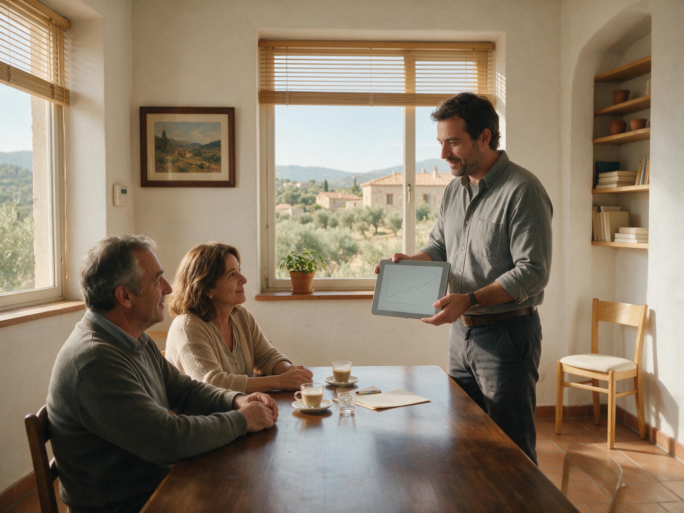 Administrador mostrando un plan de financiación a dos vecinos en una vivienda mediterránea