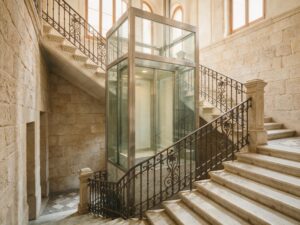 Ascensor moderno de vidrio instalado en el hueco de escalera de una finca clásica