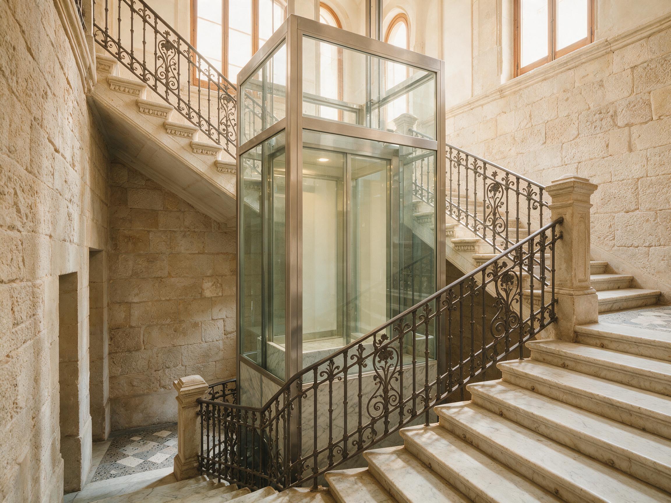 Ascensor moderno de vidrio instalado en el hueco de escalera de una finca clásica