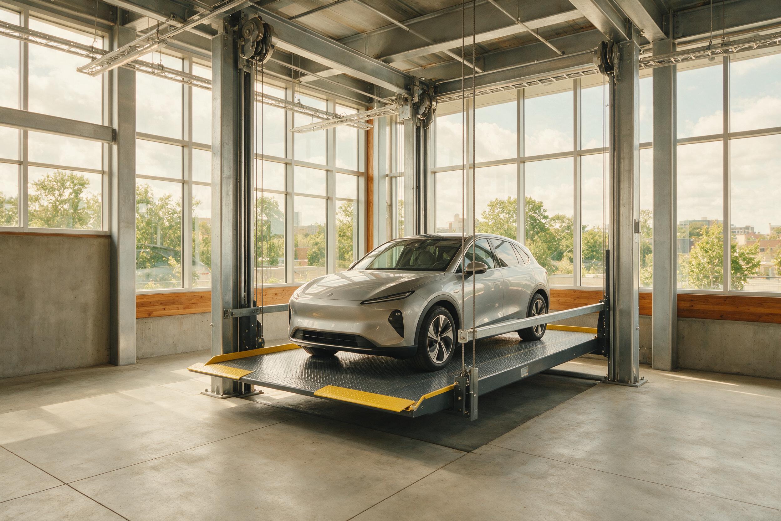 Montacoches: automóvil sobre una plataforma elevadora de vehículos moderna