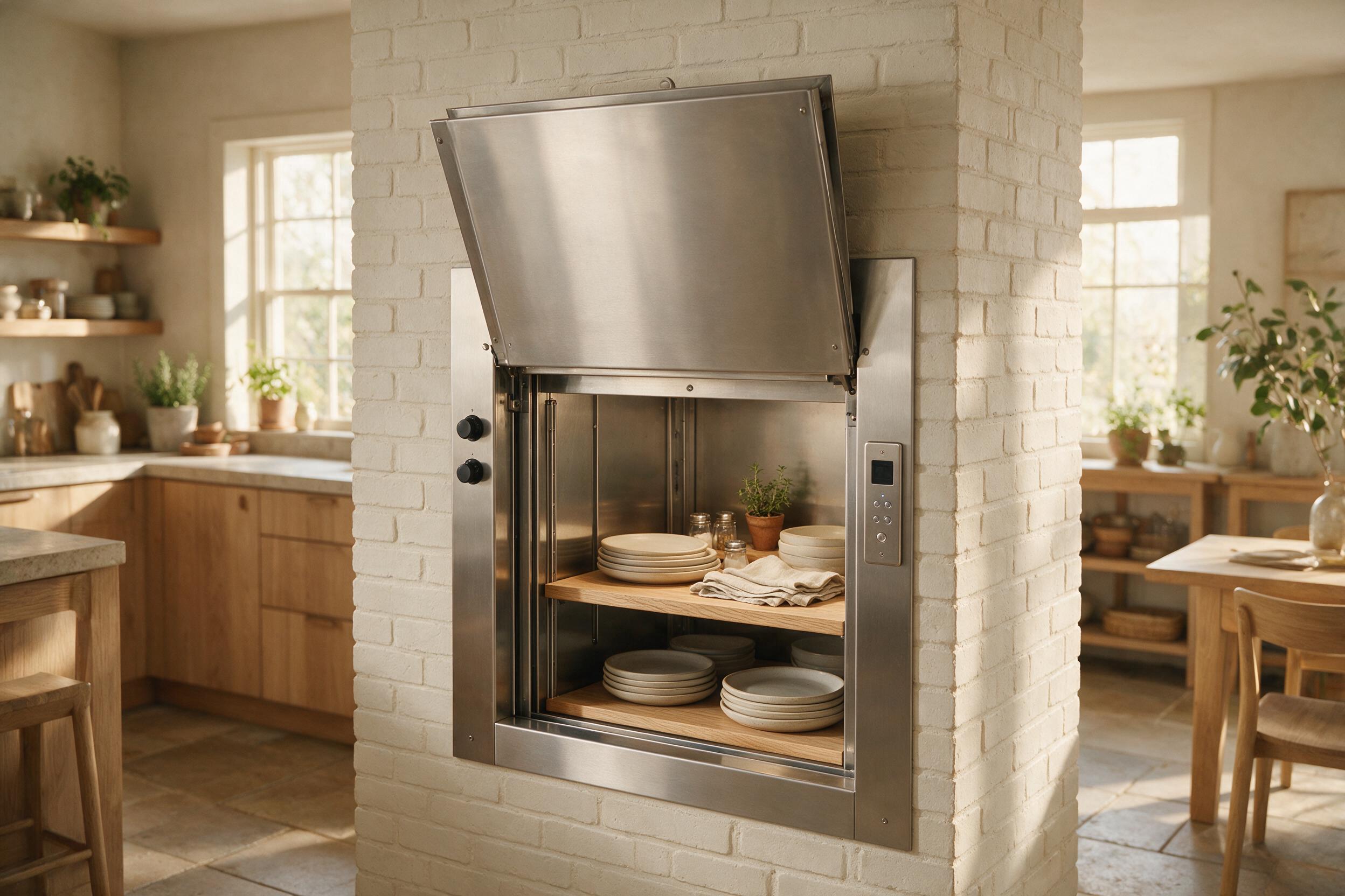 Montaplatos moderno de acero inoxidable en una cocina