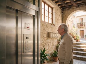Vecino ante el panel de un ascensor con sistema de comunicación de emergencia en el portal de una finca