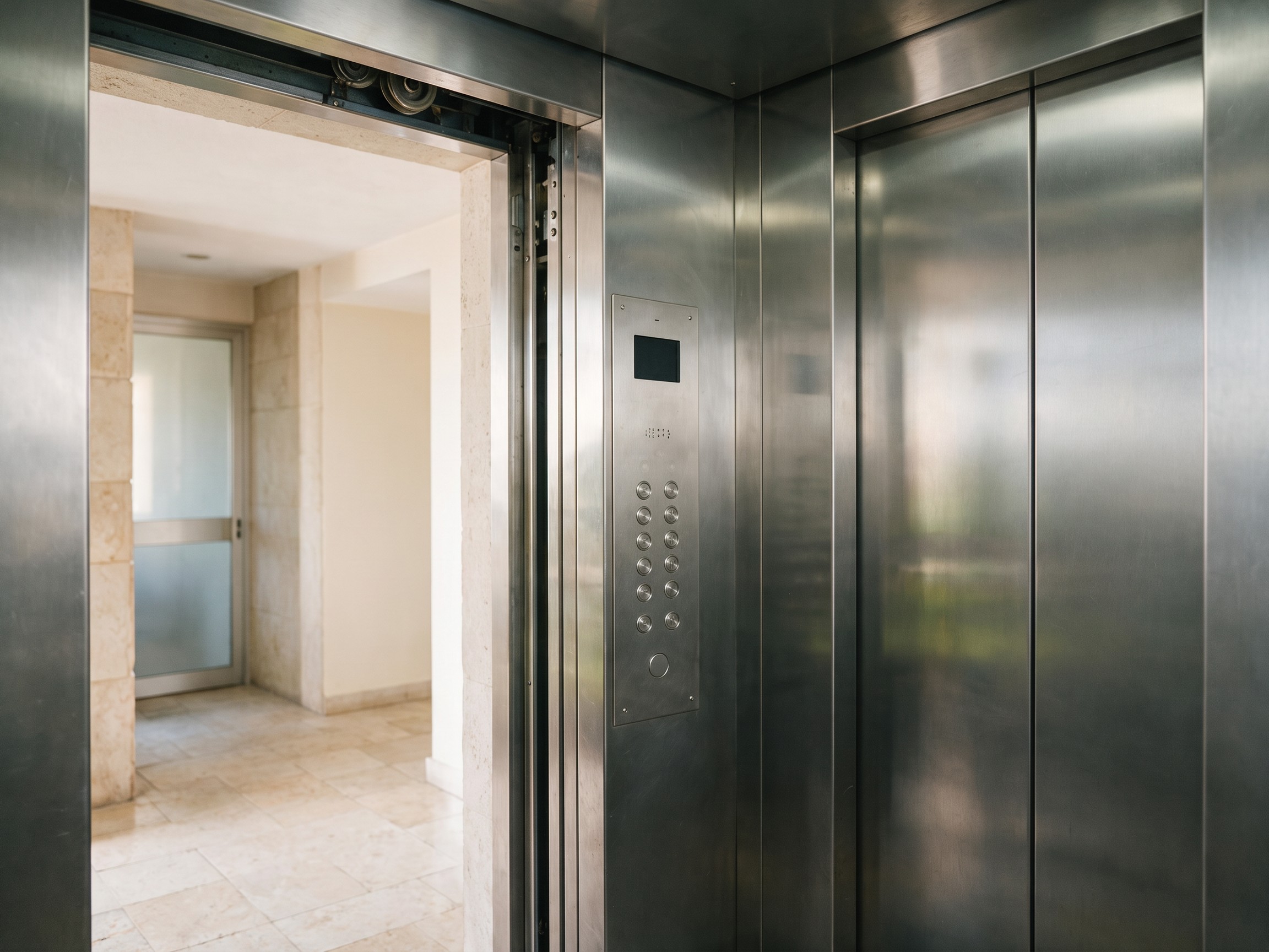 Ascensor de acero en el rellano de una finca, listo para la inspección periódica